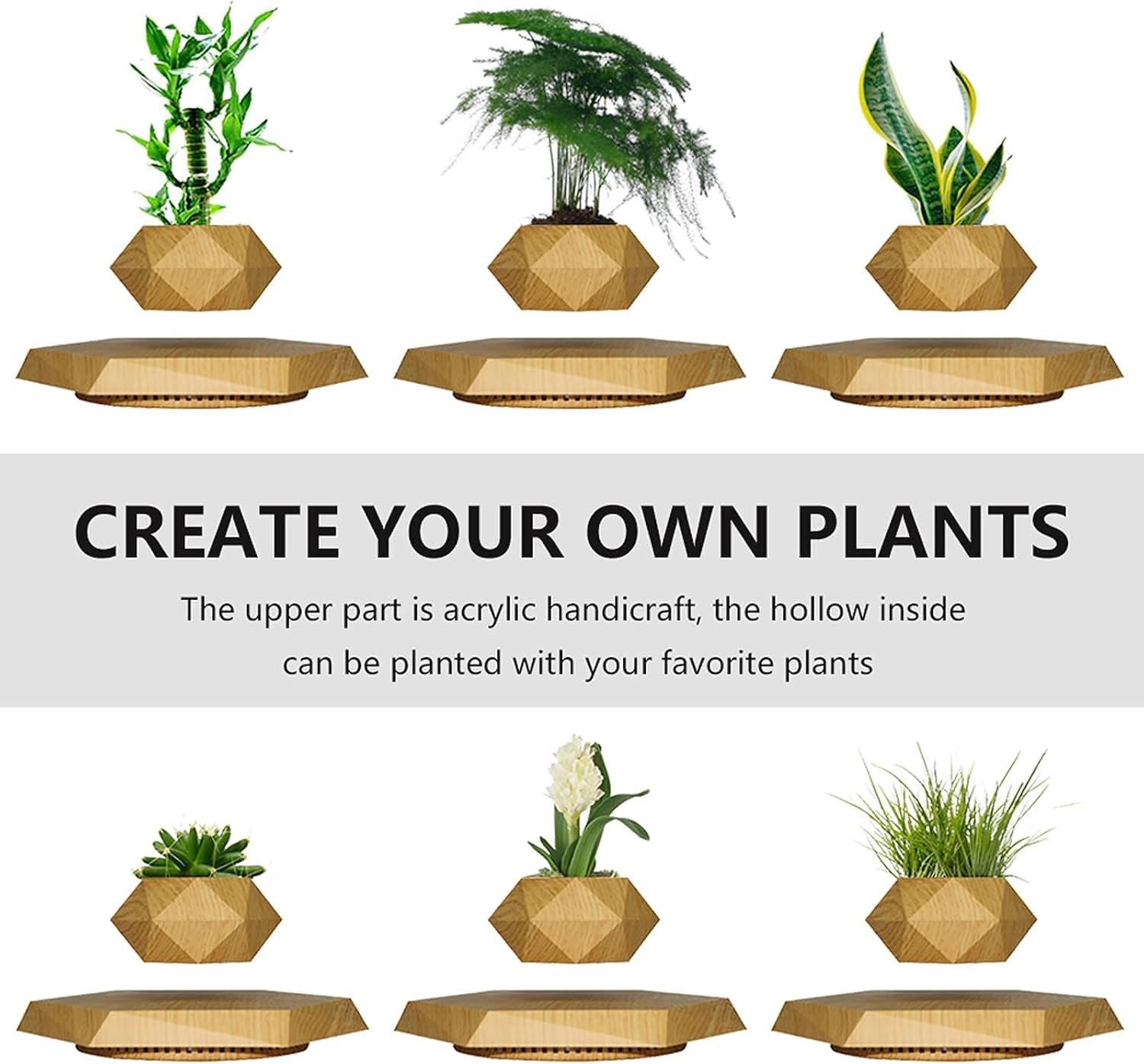 Levitation Air Bonsai Pot, Magnetic Levitating Mini Rotating Flower Pot Planters Suspension Floating Succulents Pot Sky-Garden Plant Potted for Home Living Room Office Desk Decoration(Wood Color)