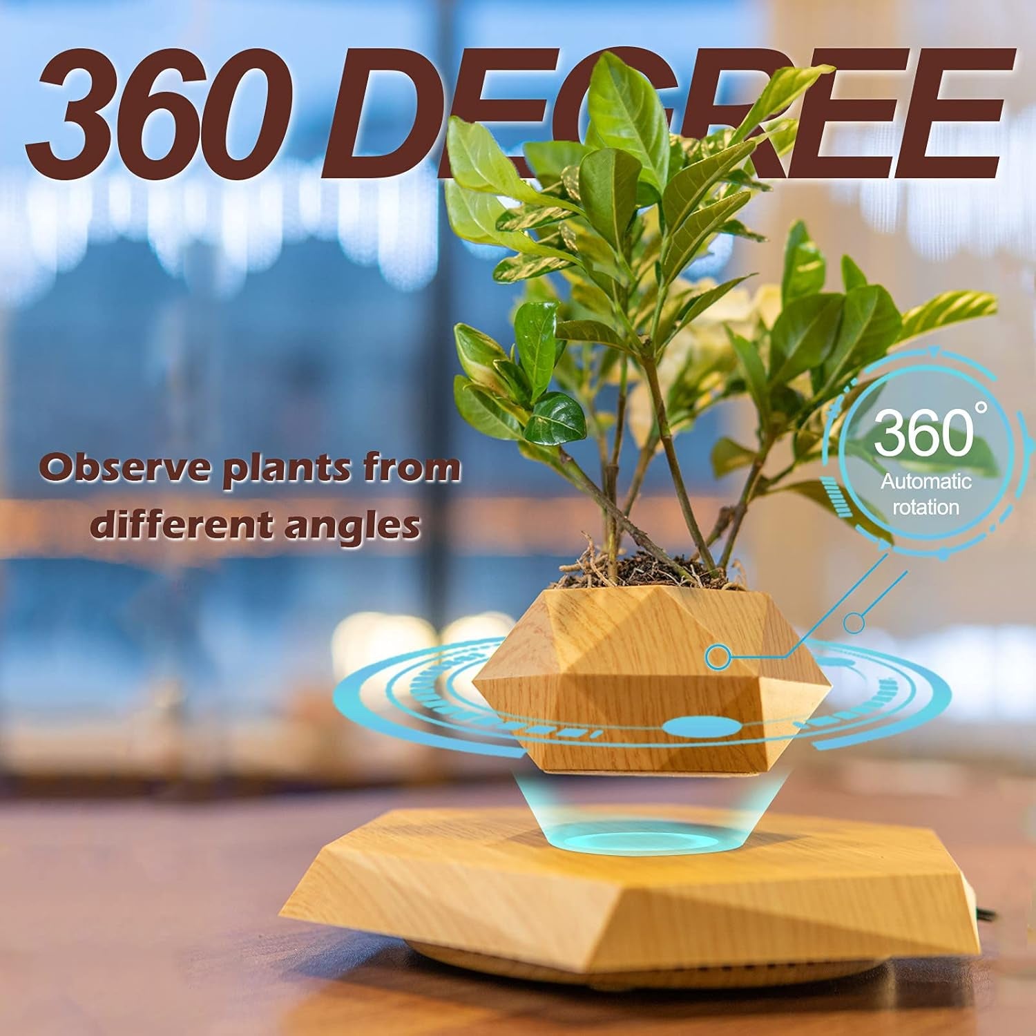 Levitation Air Bonsai Pot, Magnetic Levitating Mini Rotating Flower Pot Planters Suspension Floating Succulents Pot Sky-Garden Plant Potted for Home Living Room Office Desk Decoration(Wood Color)