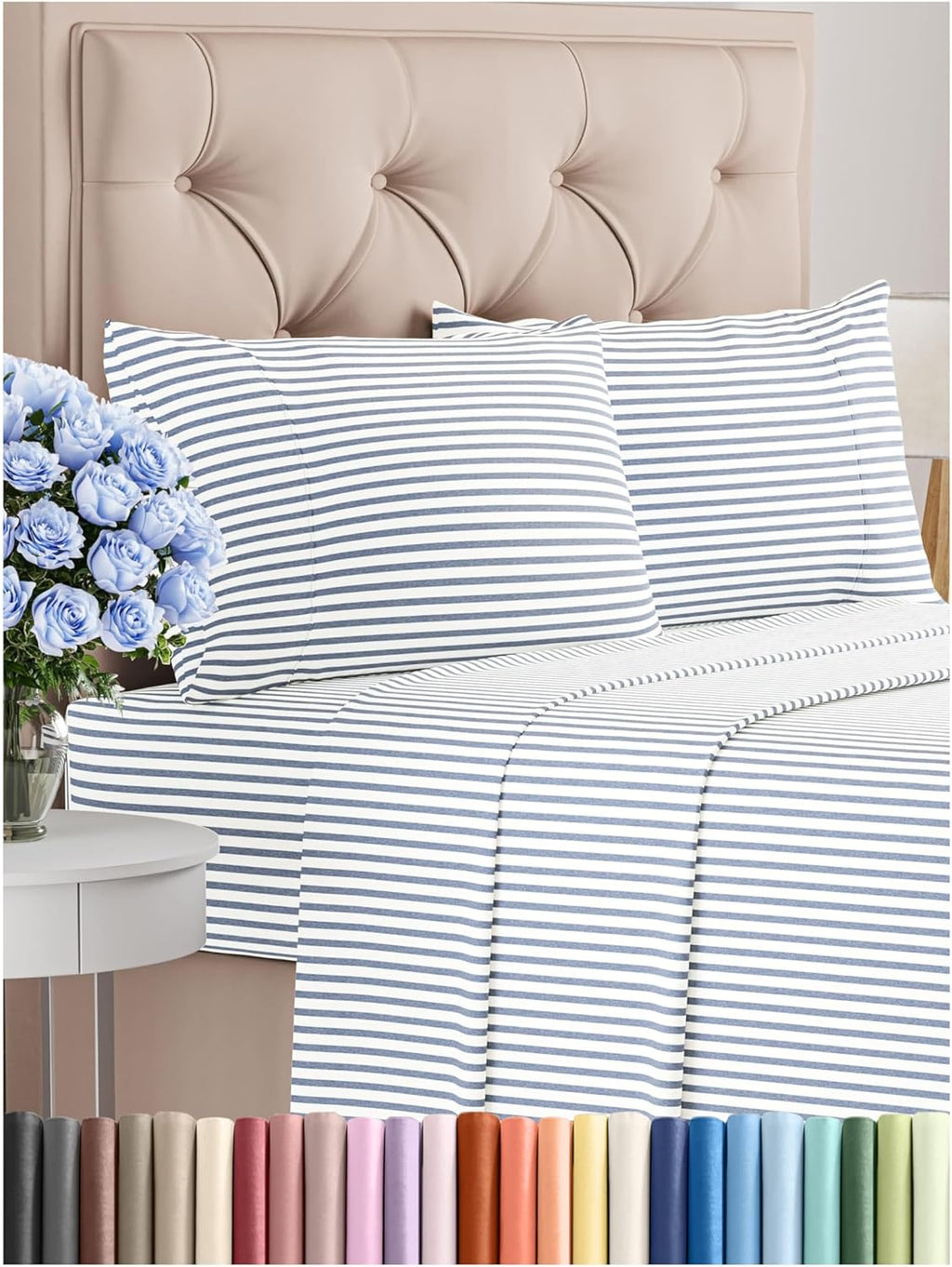 Striped Bed Sheets - Pin Striped Sheets - Blue and White Sheets - White and Blue Striped Sheets - Cal King Striped Sheets - Hotel Luxury Bed Sheets - Deep Pockets - Breathable & Cooling Sheets