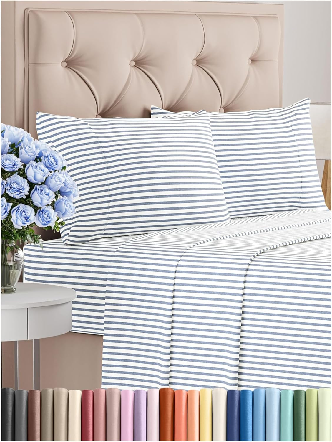 Striped Bed Sheets - Pin Striped Sheets - Blue and White Sheets - White and Blue Striped Sheets - Cal King Striped Sheets - Hotel Luxury Bed Sheets - Deep Pockets - Breathable & Cooling Sheets